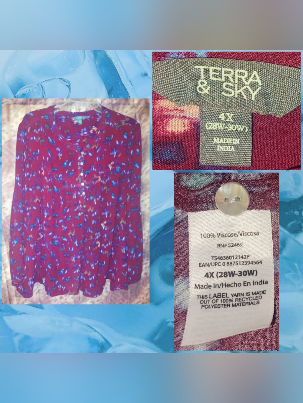 Terra & Sky Maroon/Multi Abstract Floral Crinkle Texture Woven Blouse 4X(28/30W)